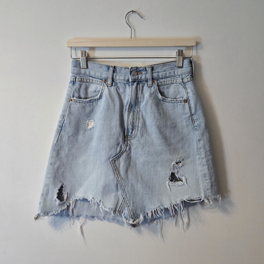 Zara Distressed Light Blue Denim Skirt